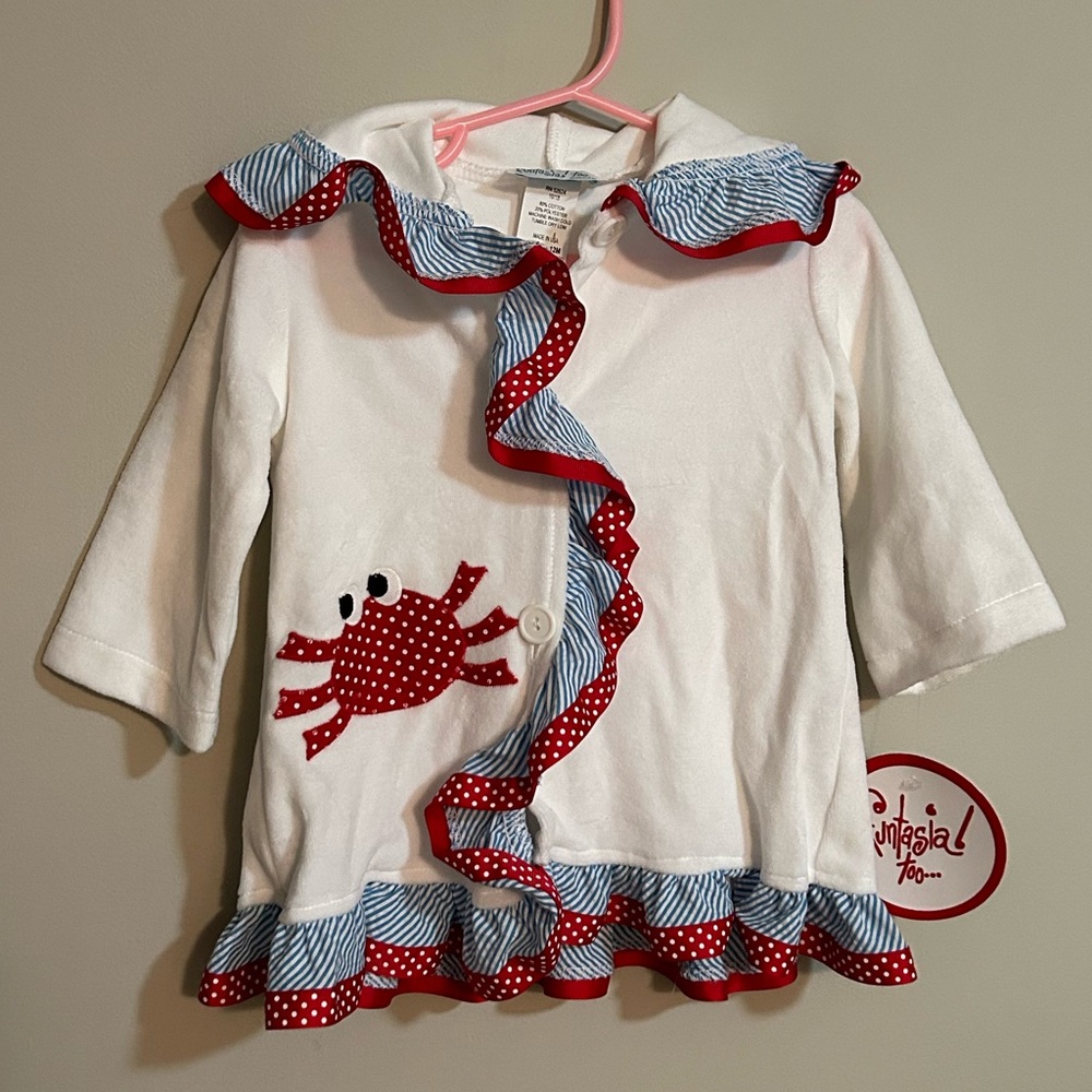 NWT Funtasia Too White 2 Button Nautical Hooded Robe w. Red Crab Baby 12 Months